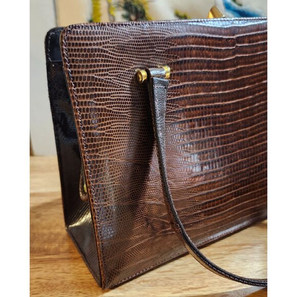 Reptile Leather '50s Bellestone Vintage Handbag Brown Alligator Crocodile - Picture 10 of 16